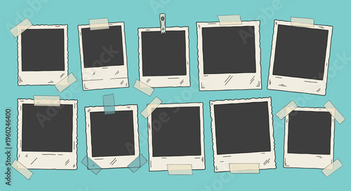 Black polaroid photo frames hanging with tape on teal pastel background composition