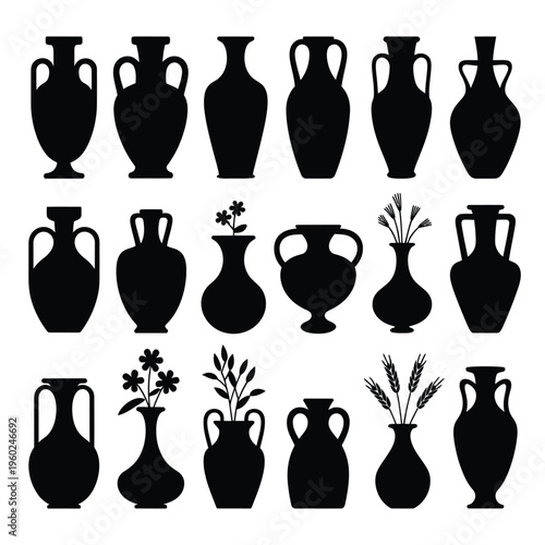 Collection of black silhouette vases floral arrangements and decorative elements