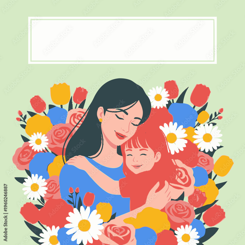 Obraz premium Mother and Daughter Embrace Surrounded by Flowers.