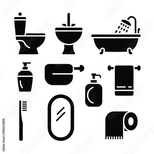 Black silhouette icons representing various bathroom fixtures and accessories