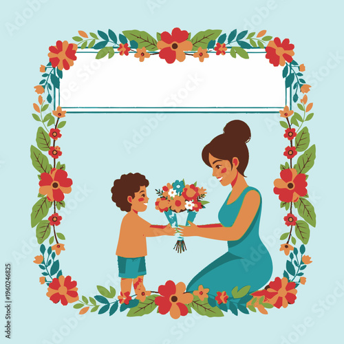 Mother and Child Sharing Flowers in a Floral Frame.