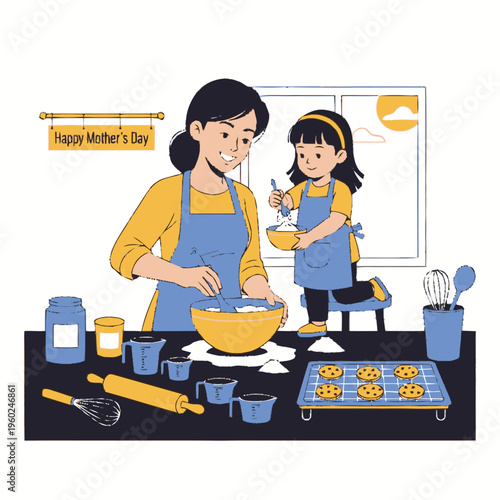 Mother and daughter baking cookies together happily.