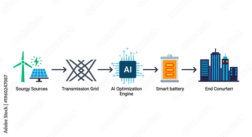 Naklejka premium AI-Powered Smart Grid Infographic Illustrating Renewable Energy Flow from Wind and Solar Sources to City Consumer through Intelligent Optimization and Battery Storage
