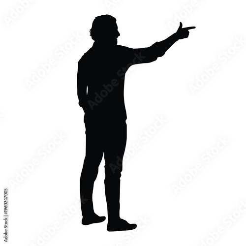 Silhouette of a man standing and pointing forward with his finger, directing way, choosing option, or showing the goal, side view isolated on white