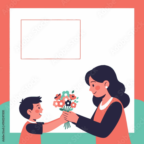 Mother and son giving flowers on special occasion.