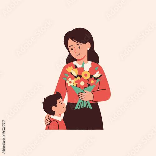 Mother and Son Sharing a Tender Moment with Flowers.
