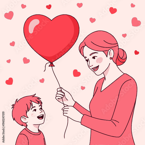 Mother and Son Sharing a Heart Balloon.