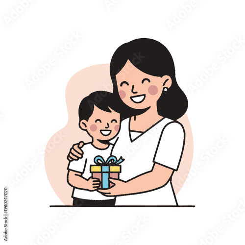 Mother and Son Sharing a Joyful Moment with a Gift.