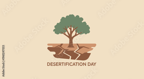 Tree in dry cracked earth landscape.