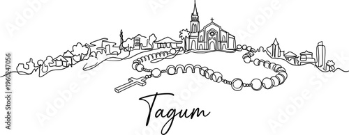 Tagum City skyline with cathedral and rosary continuous line art vector illustration