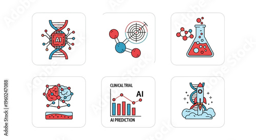 Set of vector icons illustrating the application of artificial intelligence in biotechnology, clinical research, and scientific discovery.