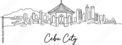 Cebu City Philippines skyline with Magellan Cross landmark continuous line art vector illustration
