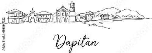 Dapitan City skyline with St James Church and mountains continuous line art vector illustration