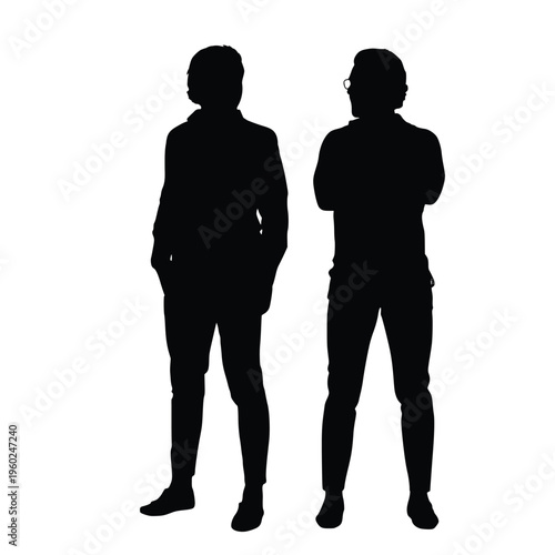 Silhouette of two men standing together, one with hands in pockets and the other with arms crossed, friends or business partners isolated on white