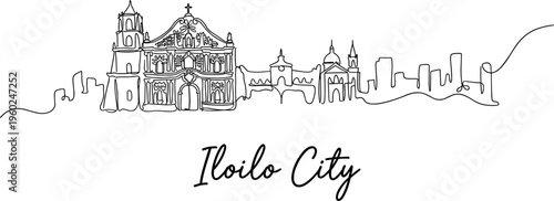 Iloilo City Philippines skyline with Miagao Church continuous one line drawing vector illustration