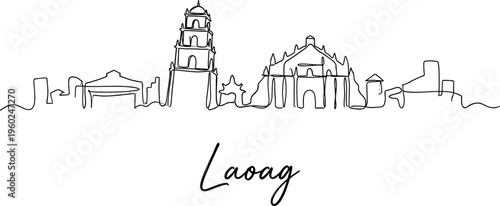 Laoag City Philippines skyline with iconic landmarks in continuous one line art style vector illustration