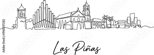 Las Pinas Philippines city skyline featuring church and bamboo organ in minimalist continuous line vector illustration