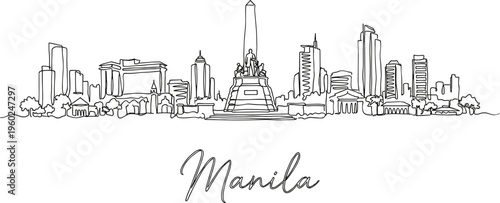 Manila Philippines city skyline featuring Rizal Monument continuous line art vector illustration