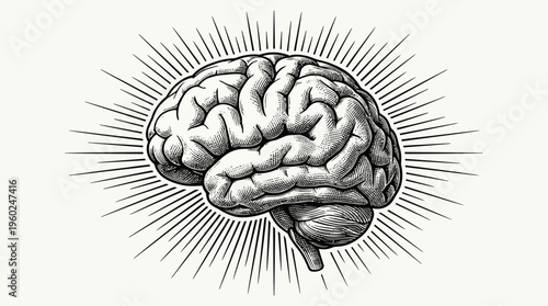 Intricate vintage engraving of human brain radiating light, symbolizing intelligence, thought, and inspiration