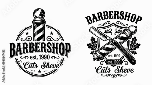 Collection of vintage barbershop emblems with barber poles and traditional grooming tools for salon branding