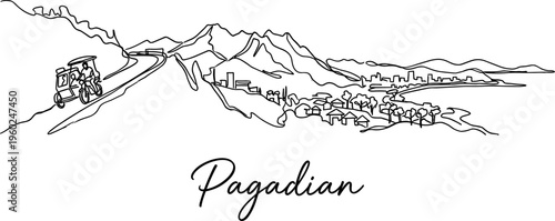 Pagadian city skyline and tricycle on mountain road minimalist line art vector illustration
