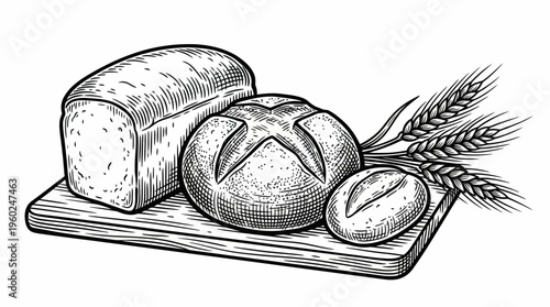 Rustic Assortment of Freshly Baked Breads Traditional Loaf, Round Boule, and Roll with Wheat Ears