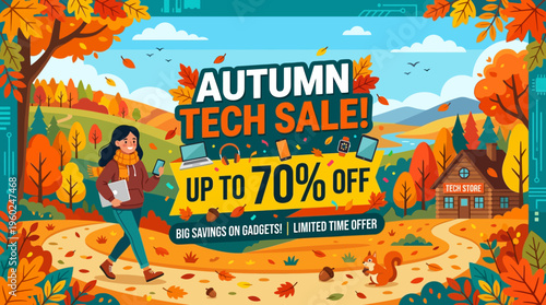 Autumn Tech Sale Banner with Landscape and Discount Offer