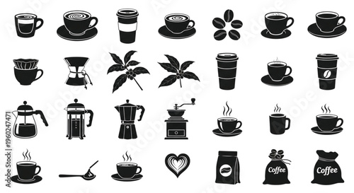 Coffee icons set silhouette cups beans brewing tools collection