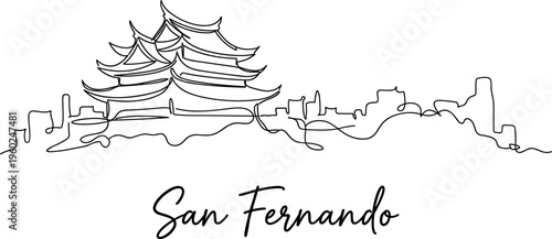 San Fernando city skyline with Taoist temple continuous line drawing vector illustration