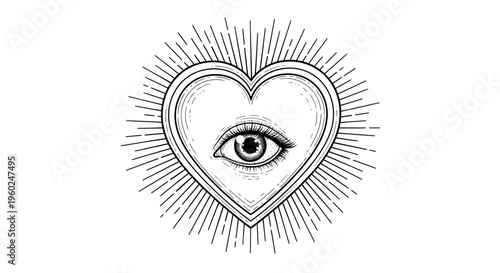 Mystical heart with an all-seeing eye, symbolizing divine love and spiritual awareness