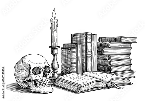 Eerie Still Life with Human Skull, Flickering Candle, and Ancient Books – Symbol of Knowledge and Mortality