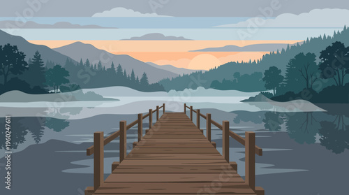 Serene Pier Leading Into Misty Lake at Sunset
