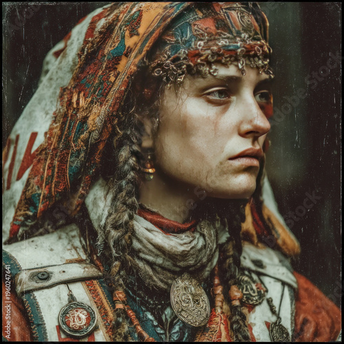 Ethnic portrait of young woman in traditional clothing with tribal jewelry and headscarf