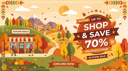 Autumn Sale Banner with Landscape and Discount Text