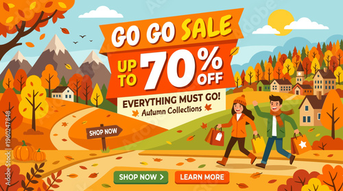 Autumn Sale Banner with Couple Walking and Fall Foliage