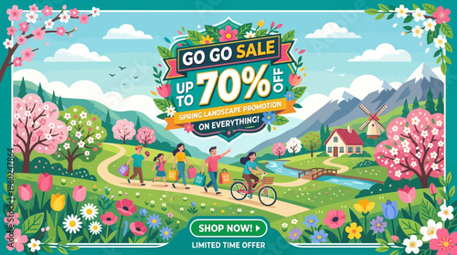 Spring Landscape Promotion with Sale Banner Announcement