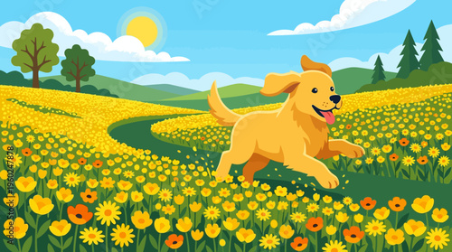 Happy Golden Retriever Running Through a Field of Flowers
