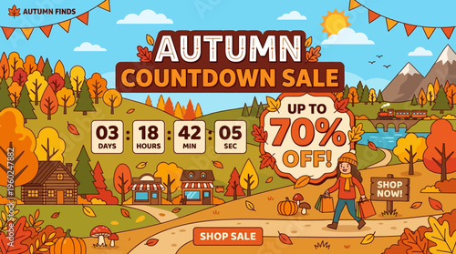 Autumn Countdown Sale Banner With Landscape and Discount