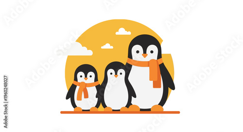 Charming flat illustration of a happy penguin family, featuring an adult and two cute chicks, all wearing orange scarves, standing under a stylized sun, symbolizing winter joy and love