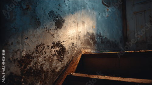 Cinematic still of a basement wall with extensive mold growth, damp and decayed texture, dark and moody lighting