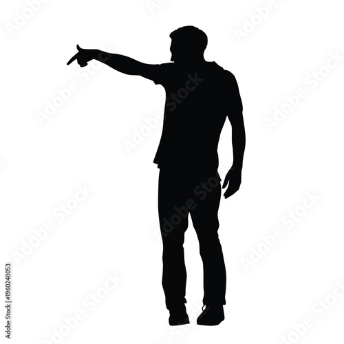 Silhouette of a man from a rear perspective pointing his finger towards a distance, showing the way or accusing, isolated figure on white background