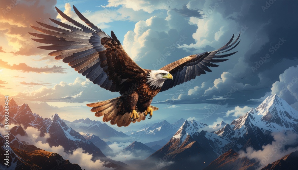 Fototapeta premium Majestic Bald Eagle Soaring Above Snow-Capped Mountains Under a Dramatic Sky