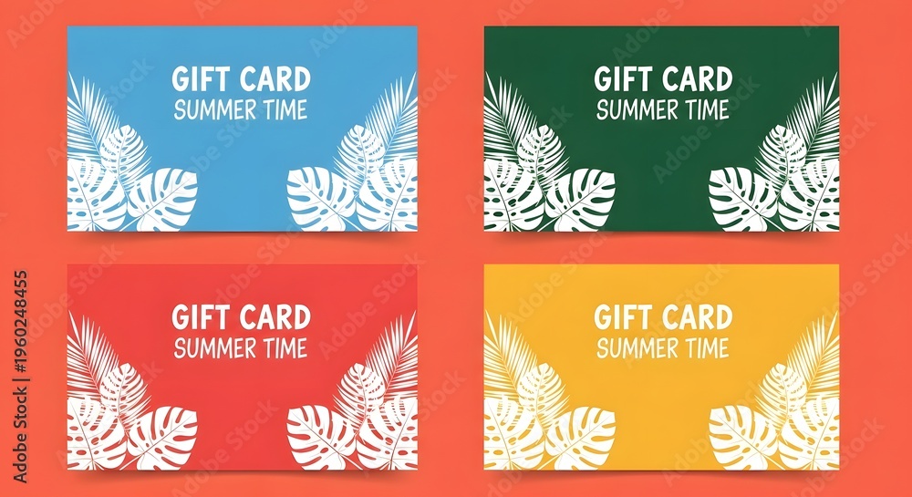 Naklejka premium Set of summer gift card templates with tropical leaves and vibrant colors