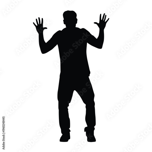 Silhouette of a man standing with both hands raised high in the air, showing surprise, surrender, or a stop gesture isolated on white background