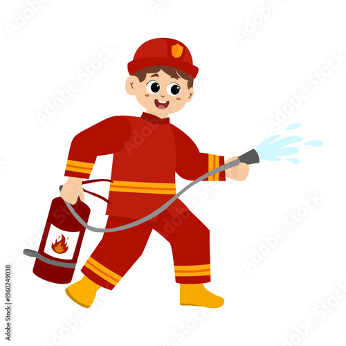 cute little kid wearing a firefighter uniform holding a fire hose that is pouring water from a fire hydrant. Vector illustration 