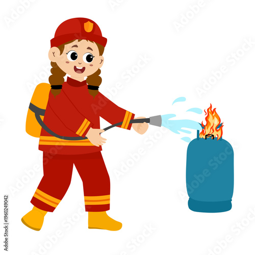 cute little kid wearing a firefighter uniform holding a fire hose that is pouring water from a fire hydrant. Vector illustration 