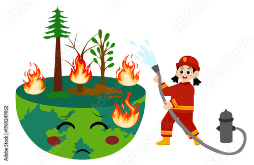 cute little kid wearing a firefighter uniform holding a fire hose that is pouring water from a fire hydrant. Vector illustration 