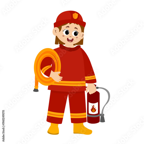 cute little kid wearing a firefighter uniform holding a fire hose that is pouring water from a fire hydrant. Vector illustration 