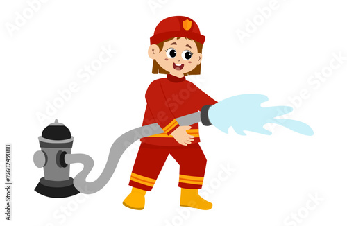 cute little kid wearing a firefighter uniform holding a fire hose that is pouring water from a fire hydrant. Vector illustration 