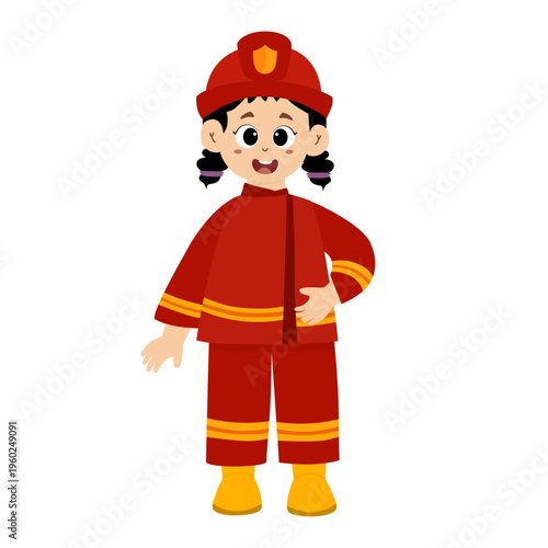 cute little kid wearing a firefighter uniform holding a fire hose that is pouring water from a fire hydrant. Vector illustration 